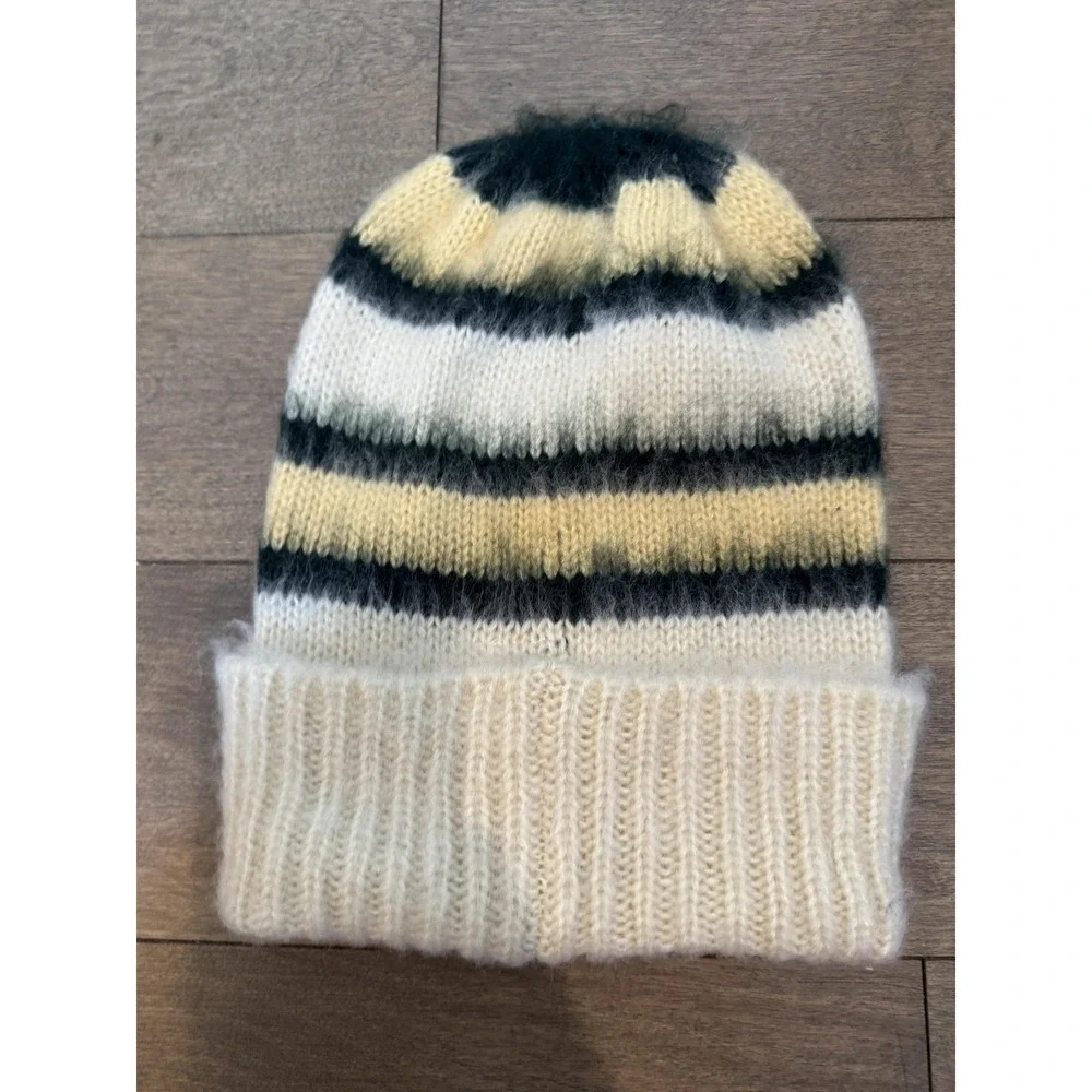 Free People‎ Hat Beanie Cuffed Womens One Size Ivory Black Striped Fuzzy Knit